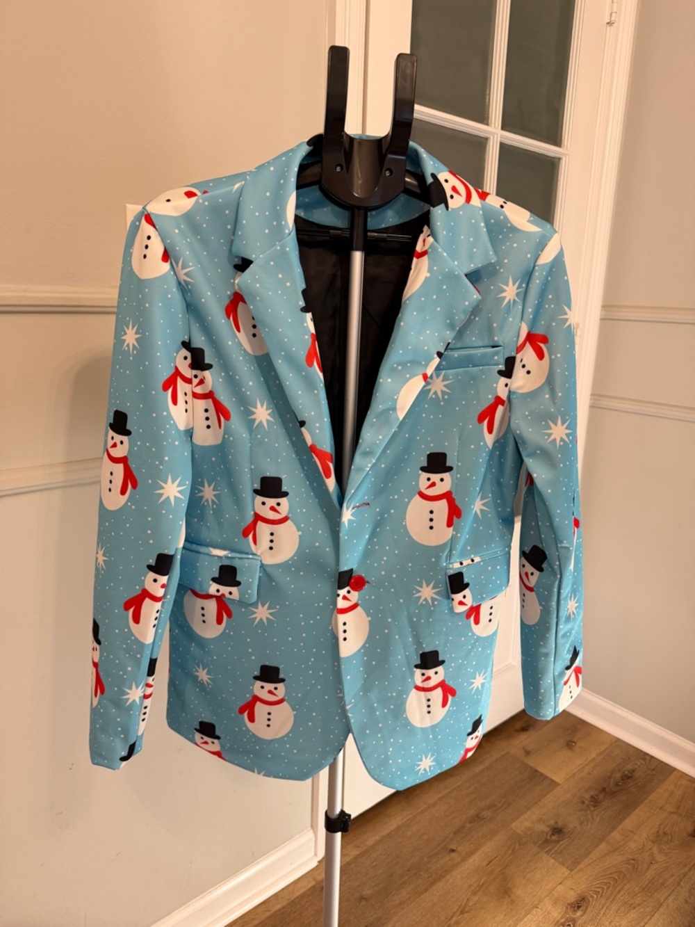 Light Blue Snowman Print Blazer - Festive Holiday Sport Coat